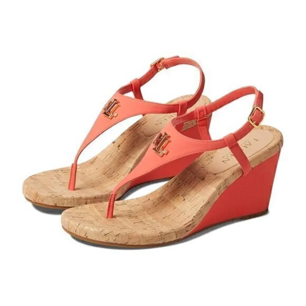 Lauren Ralph Lauren Jeannie Coral Logo Wedge Sandals Thong Flip Flop 6 - Picture 2 of 13